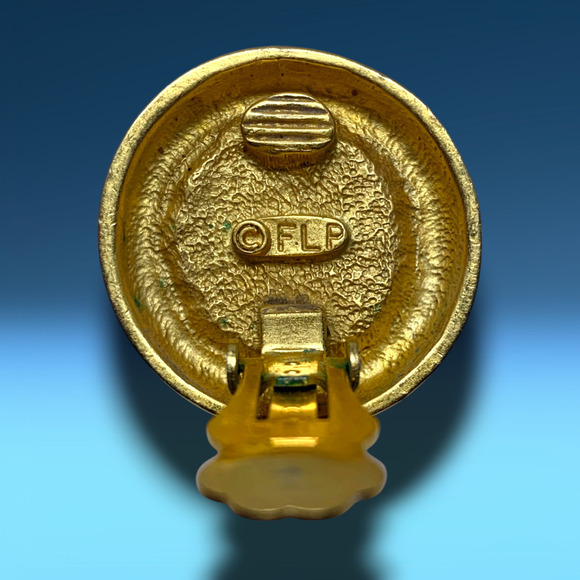 Vintage 1980's FLP Brown Cabochon Matte Gold Clip On Earrings Couture Runway - Picture 3 of 6